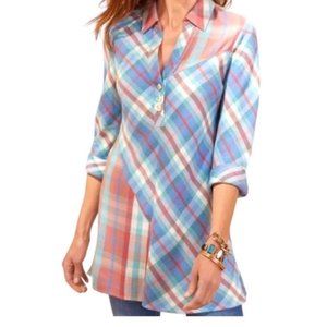 Soft Surroundings Ecru Multi Plaid Tunic Shirt Sz. M